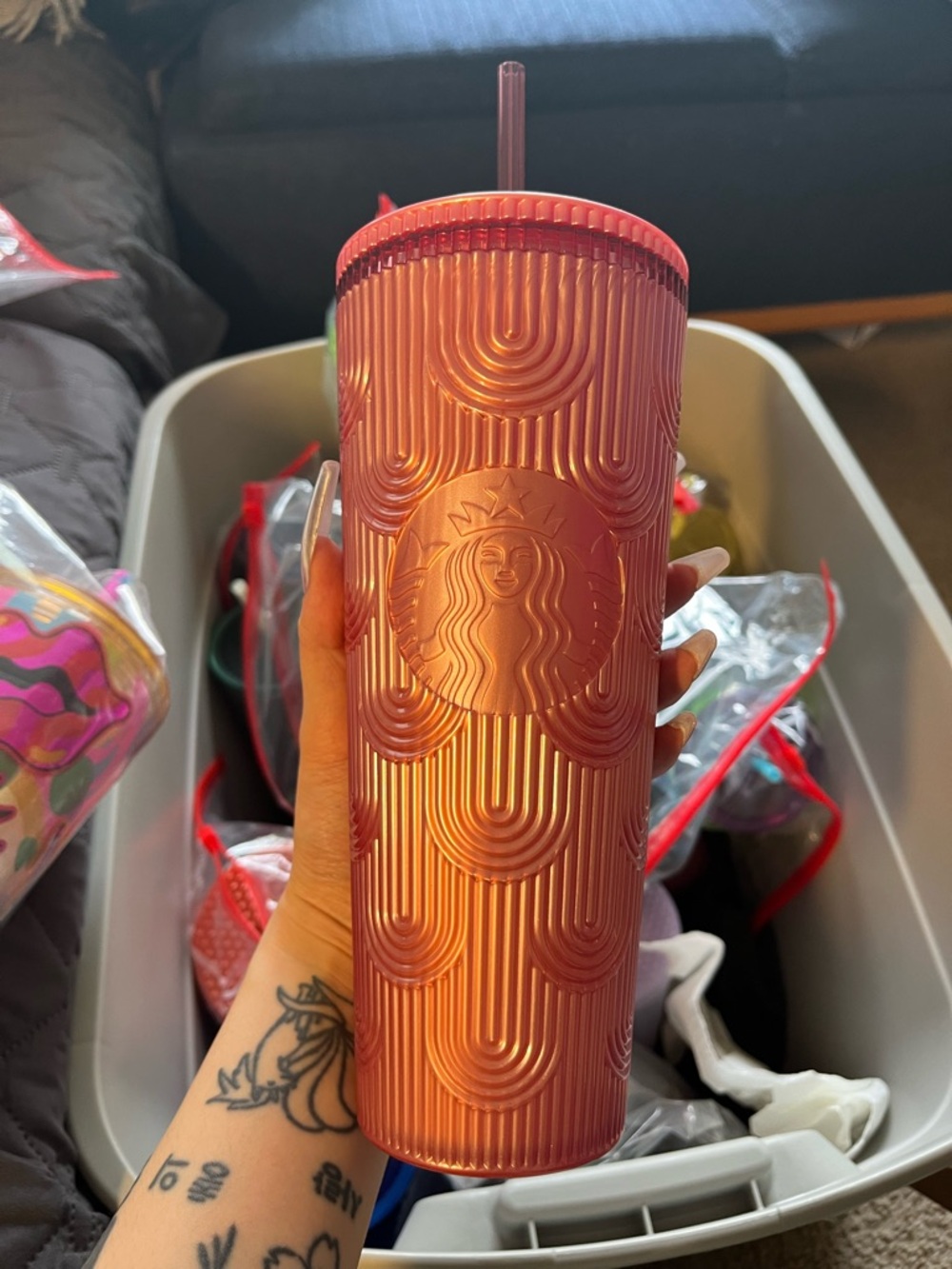 Starbucks Metallic Rose Gold Ribbed Tumbler with Straw